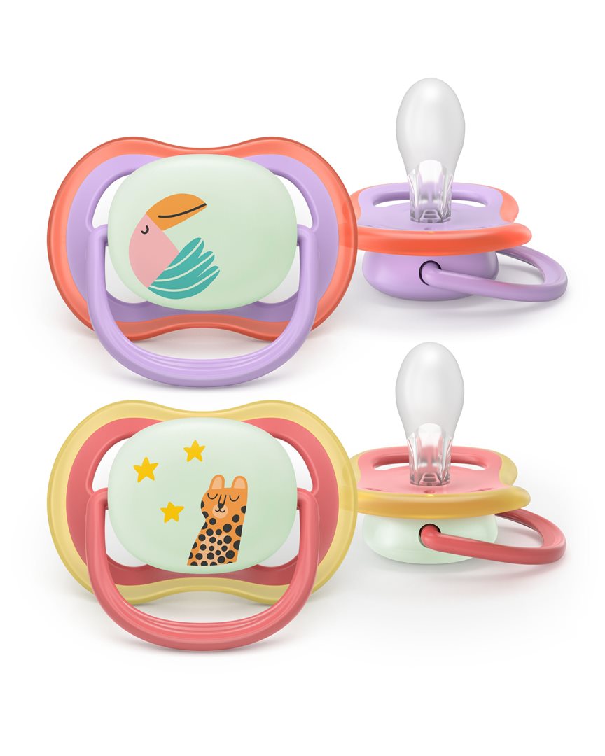 Philips Avent Schnuller Ultra Air Night 18+ Monate lila + Vogel/rot + Leopard 2 Stk