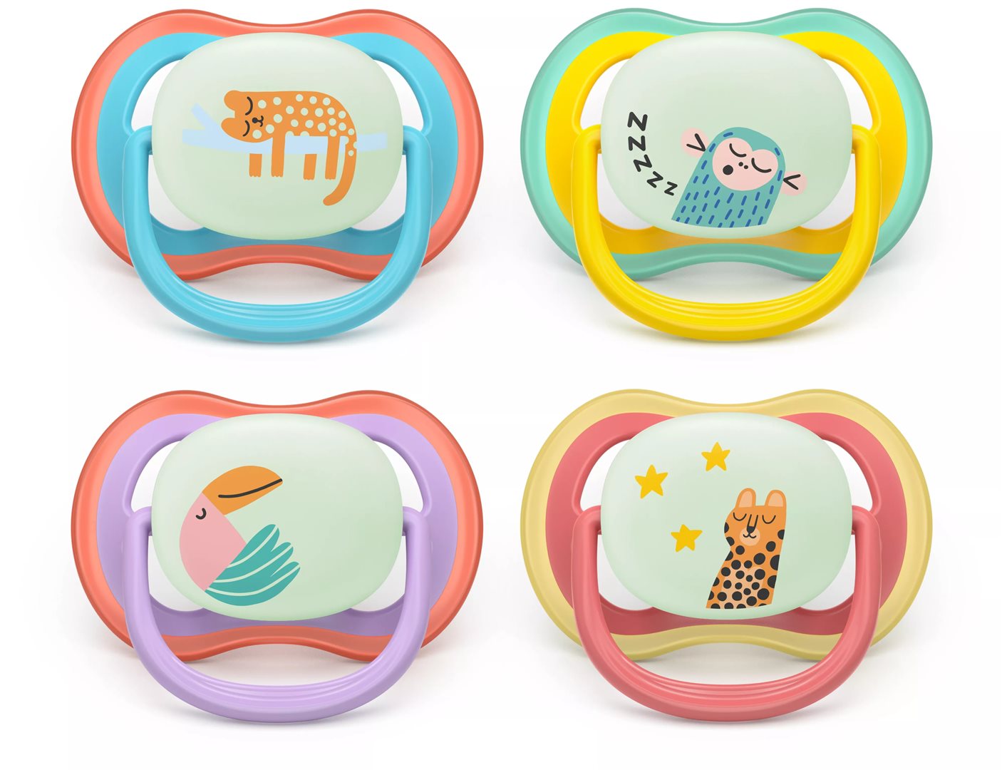 Philips Avent sucette ultra air night 18+ mois bleu + tigre/jaune + singe/lila + oiseau/rouge + léopard 2 pce