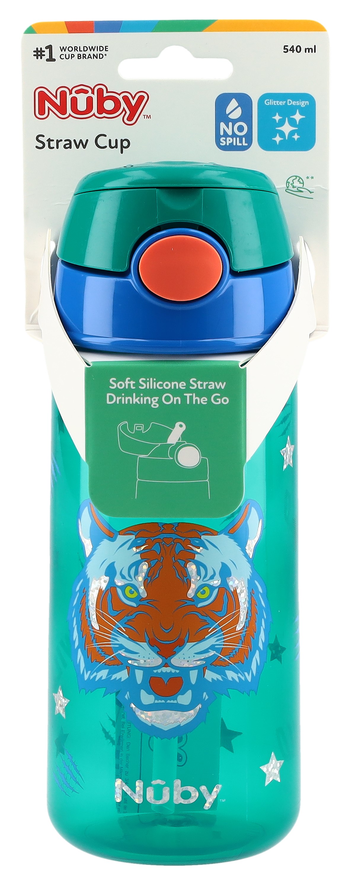 Nuby Trinkhalmbecher Soft Straw mit Druckknopf 540ml Tiger und Einhorn mit Glitzer