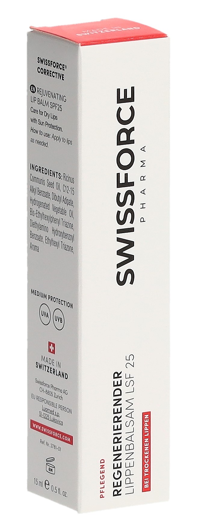 SWISSFORCE baume à lèvres nourrissant SPF25 avec de lhuile de ricin tb 15 ml