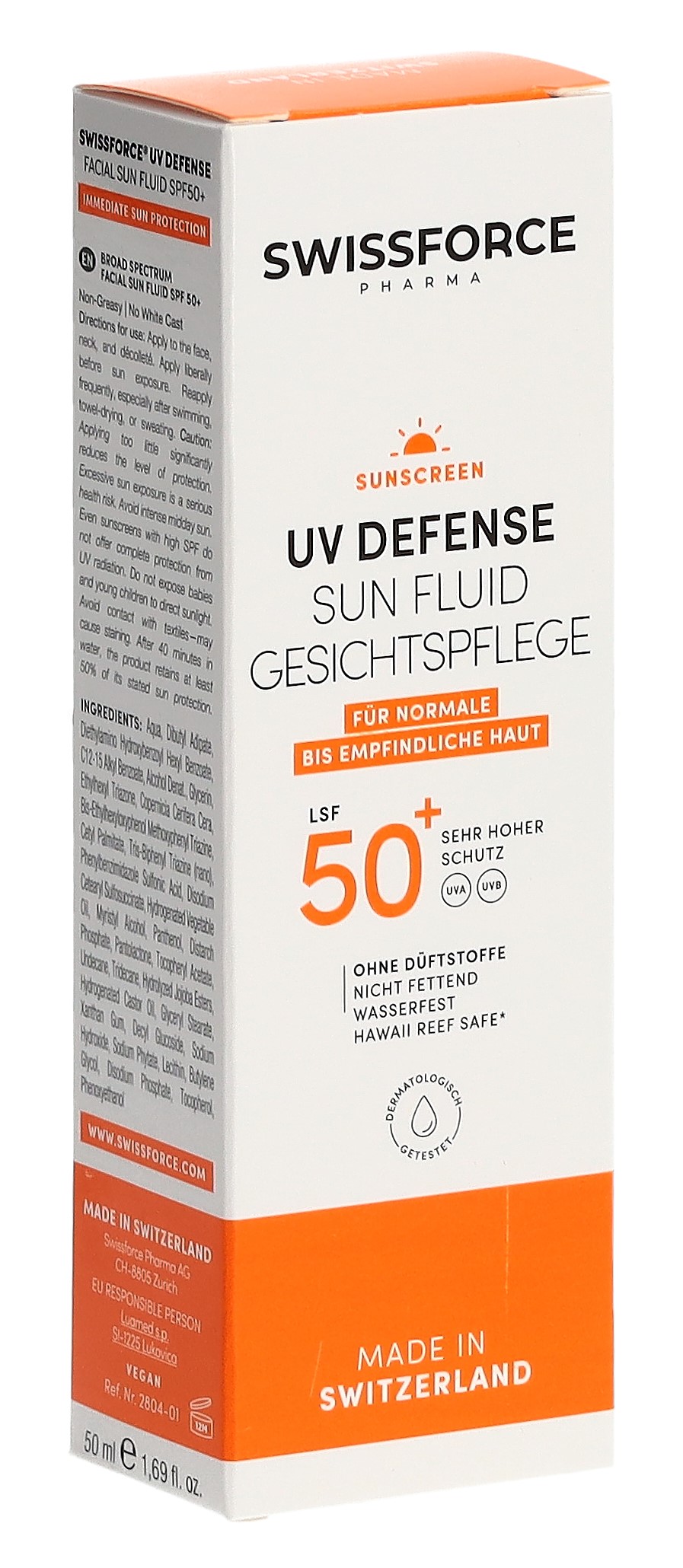 SWISSFORCE Sonnenfluid LSF50+ PA++++ vegan parfumfrei Tb 50 ml
