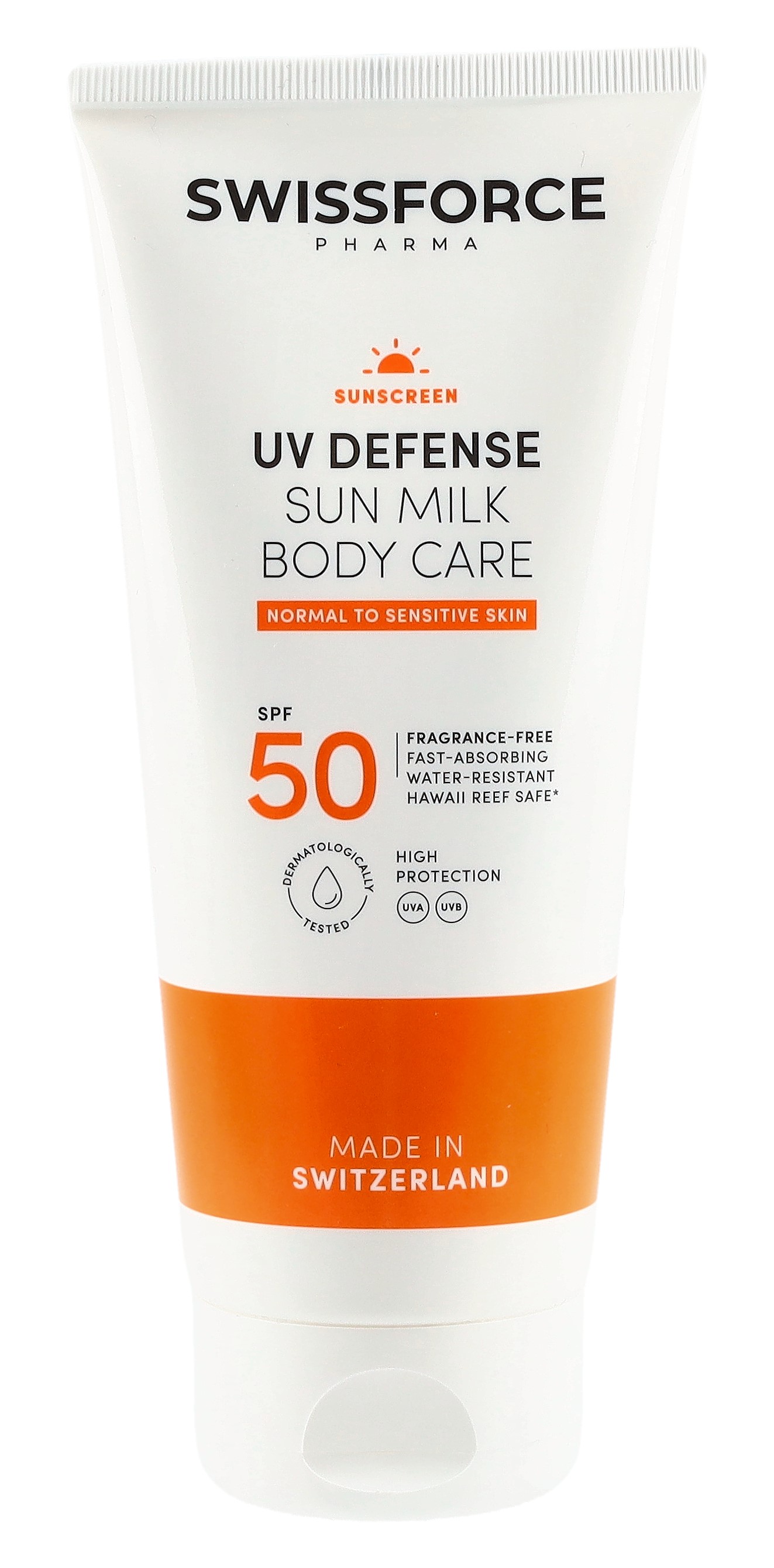 SWISSFORCE Sonnenmilch LSF50 PA++++ vegan parfumfrei wasserfest Tb 200 ml