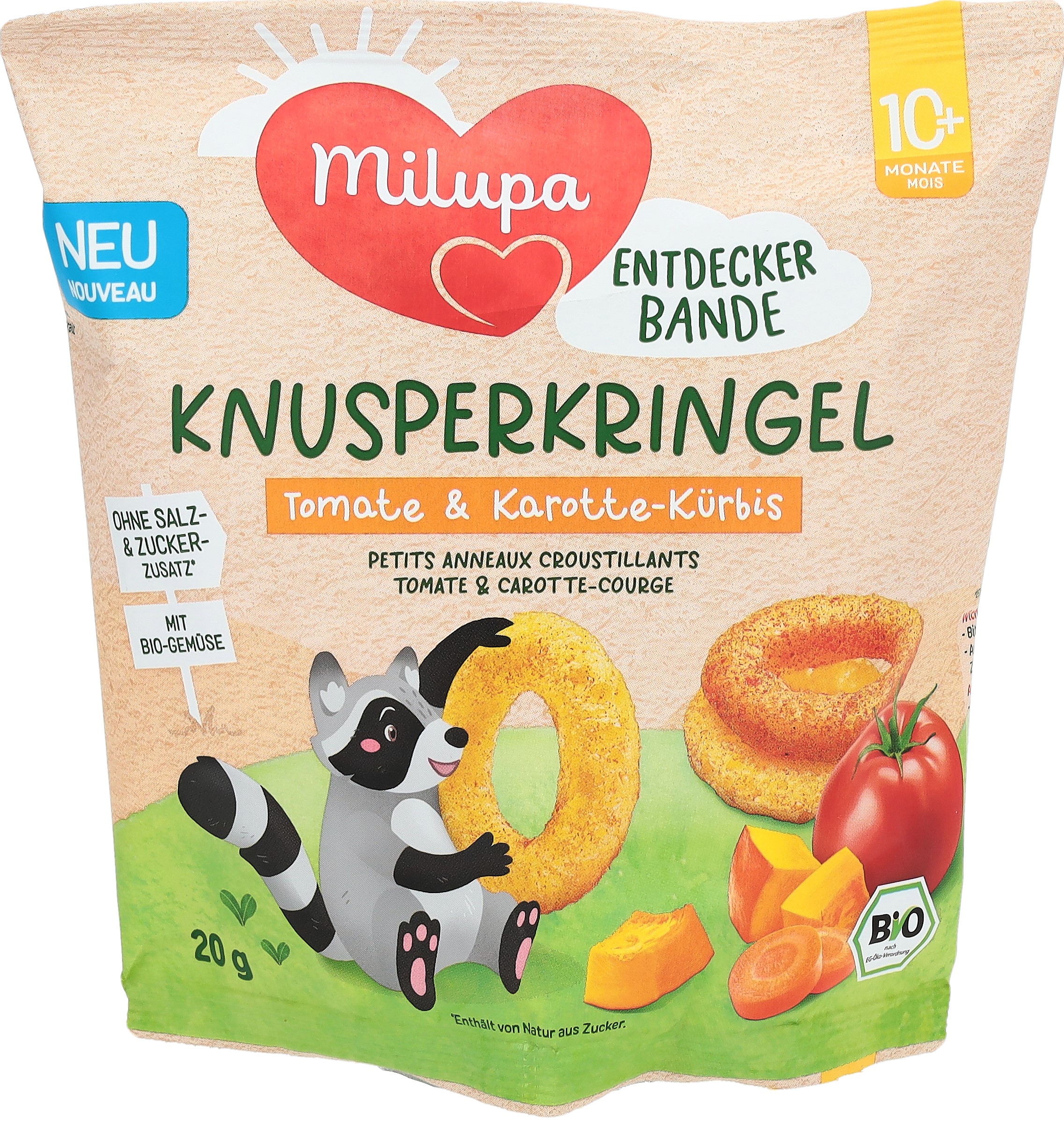 Milupa bio petits anneaux croustillants tomate & carotte courge 10 mois 20 g