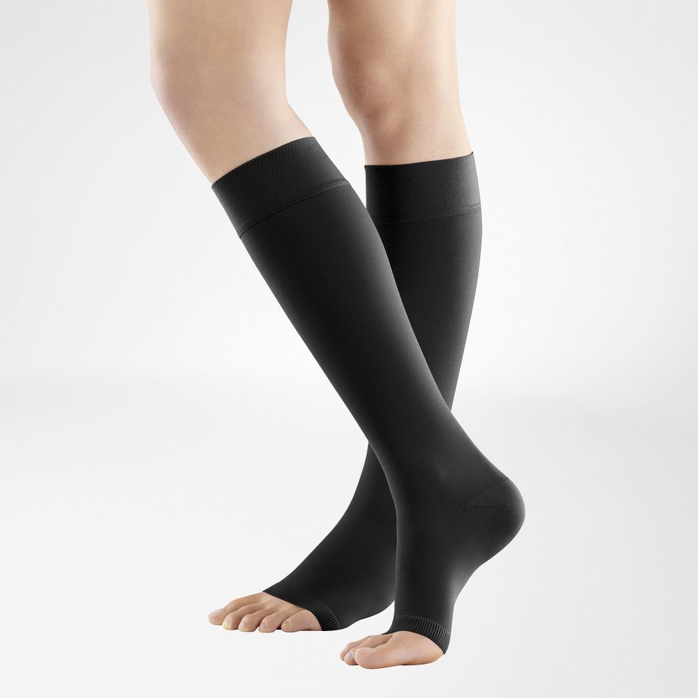 BAUERFEIND VenoTrain Soft KKL2 AD L plus/long offene Fussspitze Noppenhaftband 3cm schwarz 1 Paar