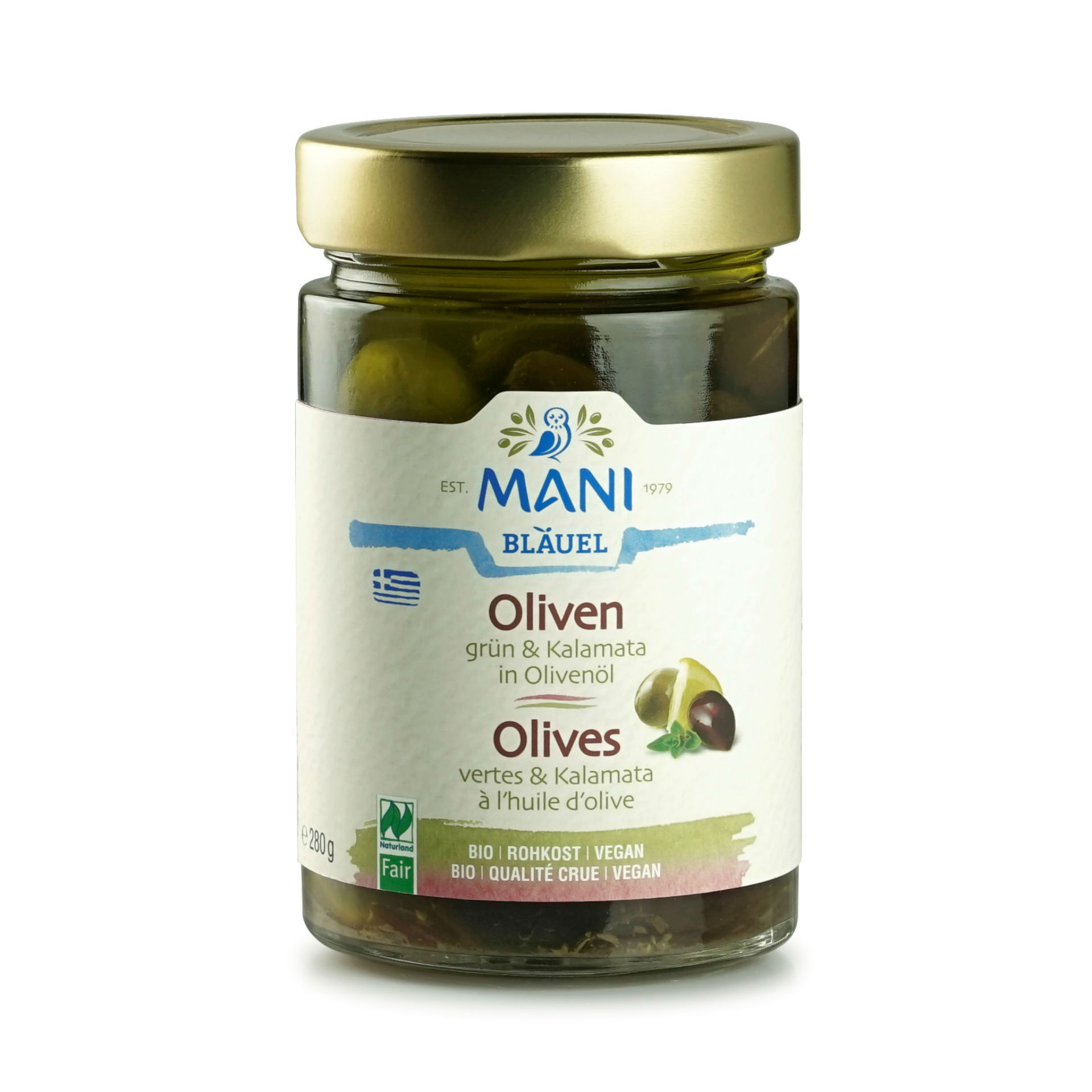 Mani Grüne & Kalamata Oliven in Olivenöl Rohkost Naturland Fair Bio 280 g