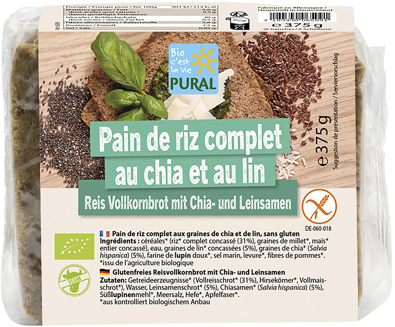 Pural Chia Brot mit Leinsamen glutenfrei Btl 375 g