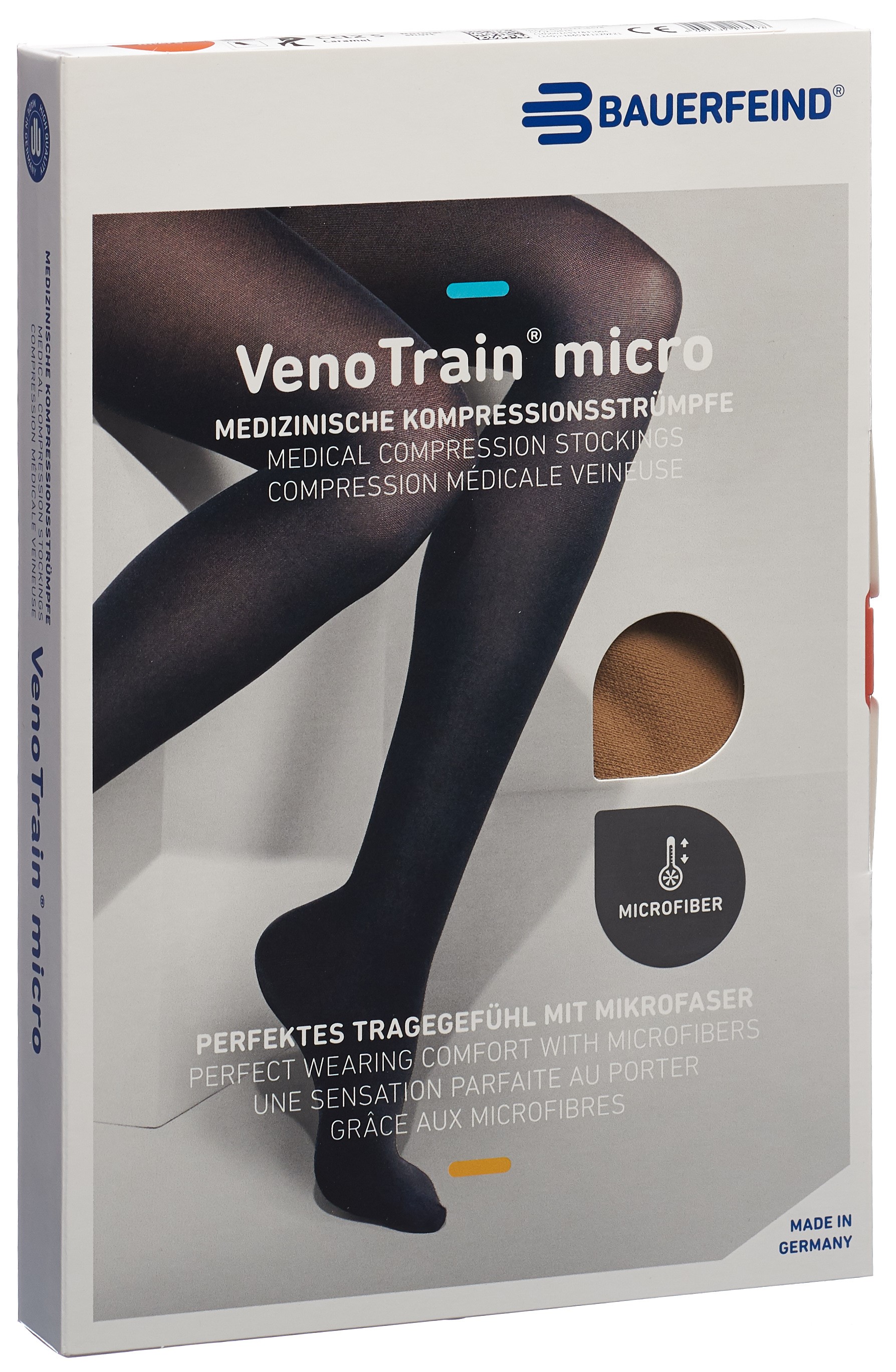 BAUERFEIND VenoTrain Micro CCL2 AG L normal/short pied ouvert bande de fixation micropicots caramel 1 paire